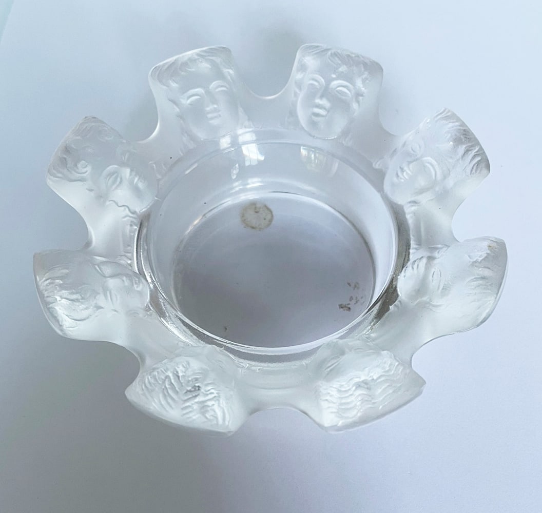 Lalique St. Nicholas Dish: Lalique clear and frosted crystal St. Nicholas dish/ashtray, engraved on bottom Lalique France, 2 3/4" high x 4 1/2" across