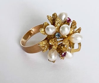 14K Gold Pearl and Colored Stone Ring