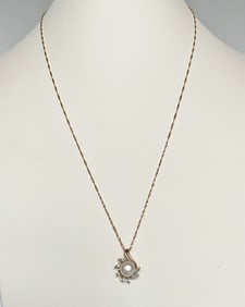 14K Gold Chain with 10K Gold Pearl and Diamond Pendant