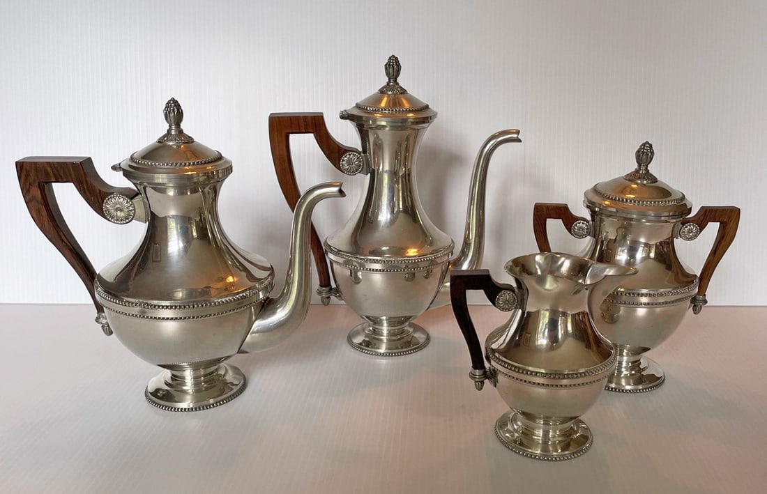 Les Etains Paris Tea and Coffee Service: Les Etains Paris France Manoir pewter tea and coffee service with wooden handles, coffee 10" high