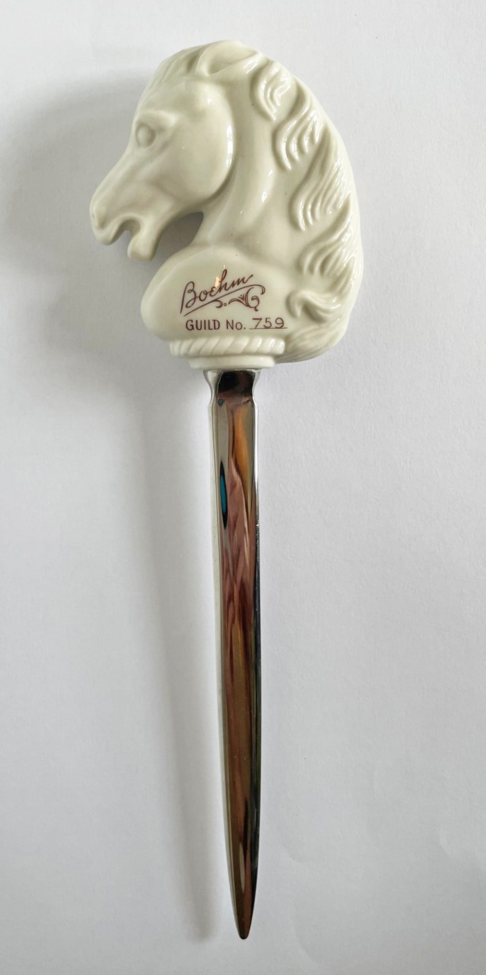 Boehm Letter Opener: Boehm porcelain guild member horse head (Knight) letter opener. Guild No. 759, 8 1/4"