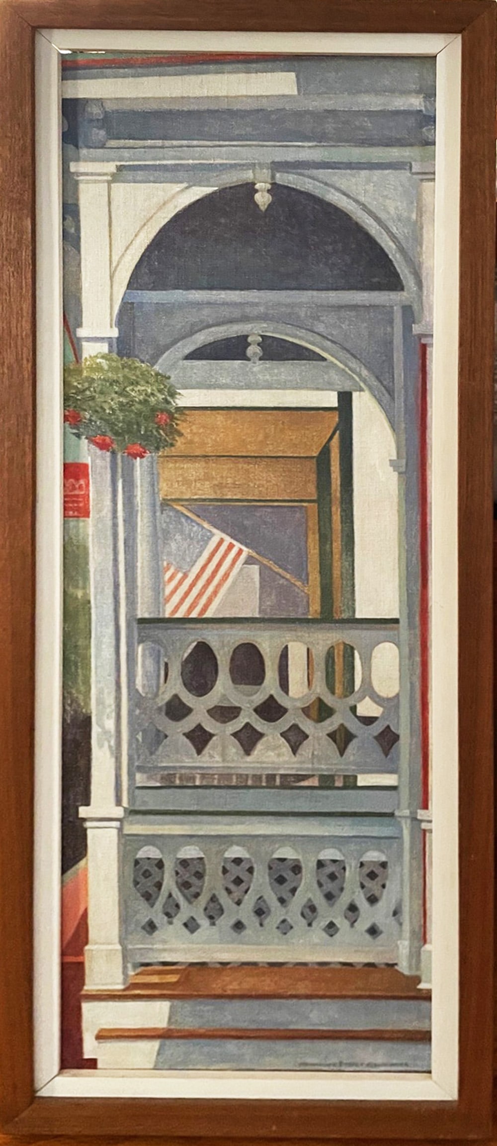 Katharine Renninger casein on panel: Katharine Renninger casein on panel, signed lower right, titled ?Neighbor?s Porches? and artist?s name on verso, attached newspaper clipping on verso, frame size 31? x 12?, sight size 28? x 9?, mid to