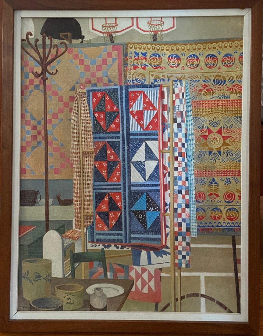 Katharine Renninger casein on panel: Katharine Renninger casein on panel, signed lower left, titled ?Gym/Antique Show? and artist?s tag on verso, Mickelson Gallery label on verso, frame size 25? x 20?, sight size 22? x 17?, mid to late 2