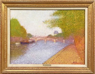 Jean Vollet Oil on Canvas: Jean Vollet oil on canvas, landscape with canal, bridges and boats, signed lower right, sight size 21" x 28", frame size 27" x 35"