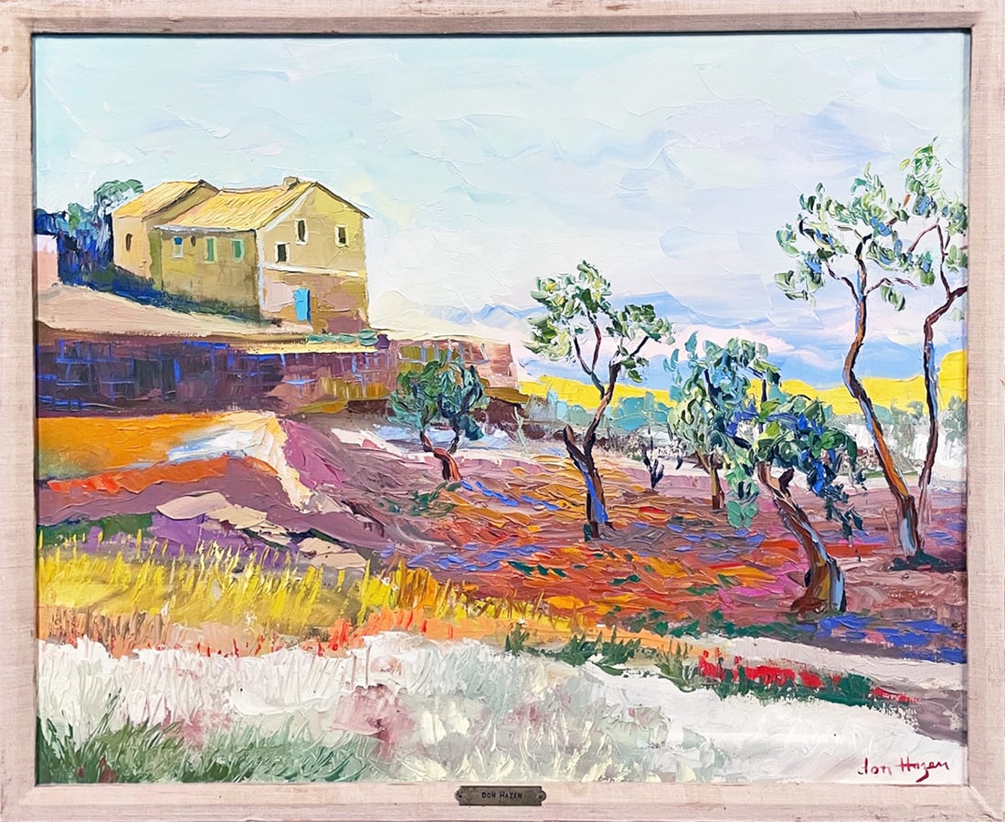 Don Hazen oil on canvas: Don Hazen oil on canvas, impasto painted landscape with trees and building, sight size 25" x 31", frame size 27 1/2" x 33 1/2"