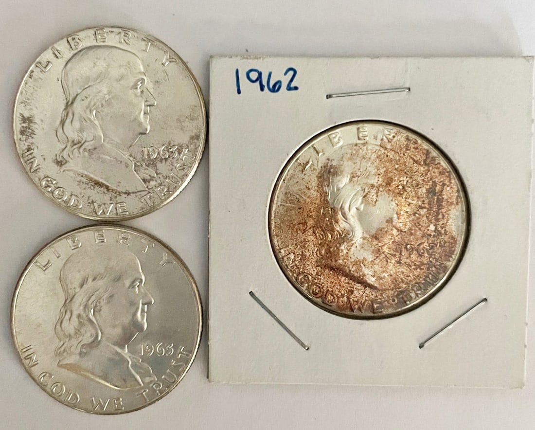 Three Ben Franklin Half Dollars: Three Ben Franklin half dollars. 1962, '63 & '63