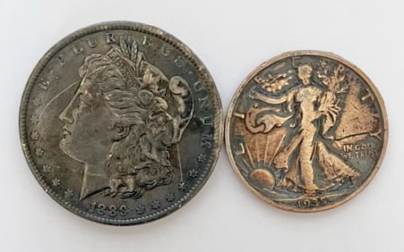 1889 Morgan Silver Dollar and 1935D Walking Liberty Half Dollar
