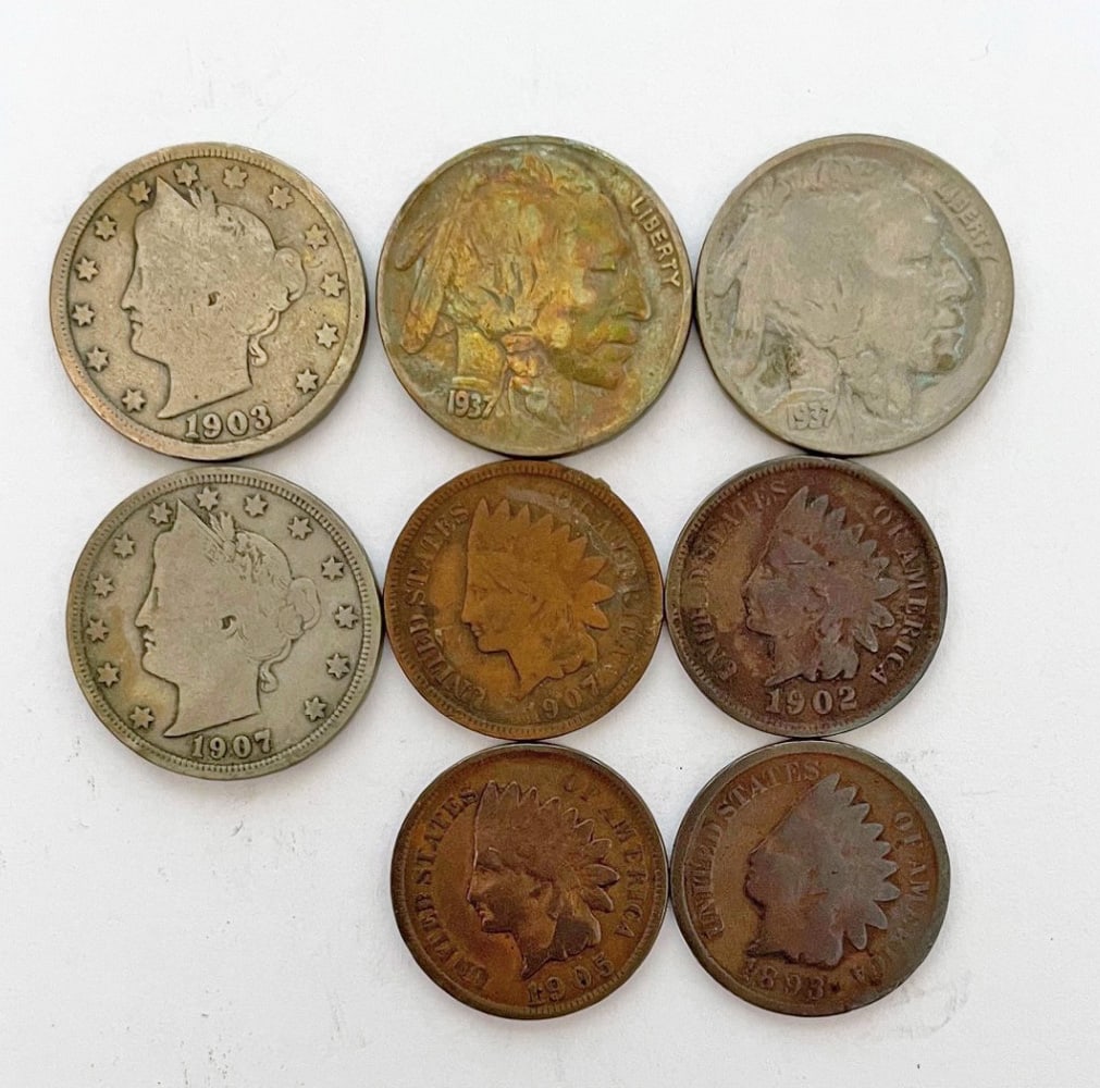 U. S. Coin Lot: 1903, 1907 Liberty nickels, two1937 Buffalo nickels, 1893, 1902, 1905, 1907 Indian Head pennies