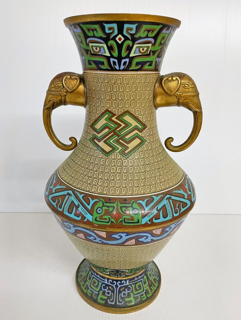 Chinese Cloisonne Elephant Head Handled Vase (1 of 3)