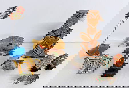 Nine Piece Miniatures and Figural Grouping: Nine piece miniatures and figural grouping, circa Continental 800 silver and enamel painted 1 1/2" (h) x 3" horse drawn cart, carved wood Polynesian 8" (h) x 3 1/2" Tiki figure, Kelvin Chen miniature