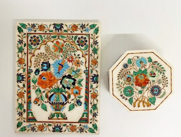 Pietra Dura Stone Inlaid Marble Box and Tray