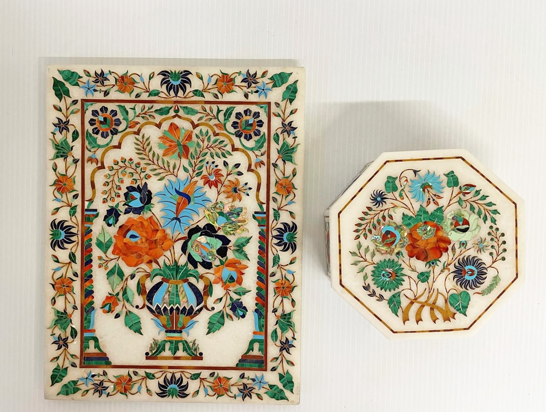 Pietra Dura Stone Inlaid Marble Box and Tray (1 of 2)