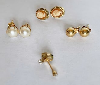 Four Pairs of 14K Gold Earrings