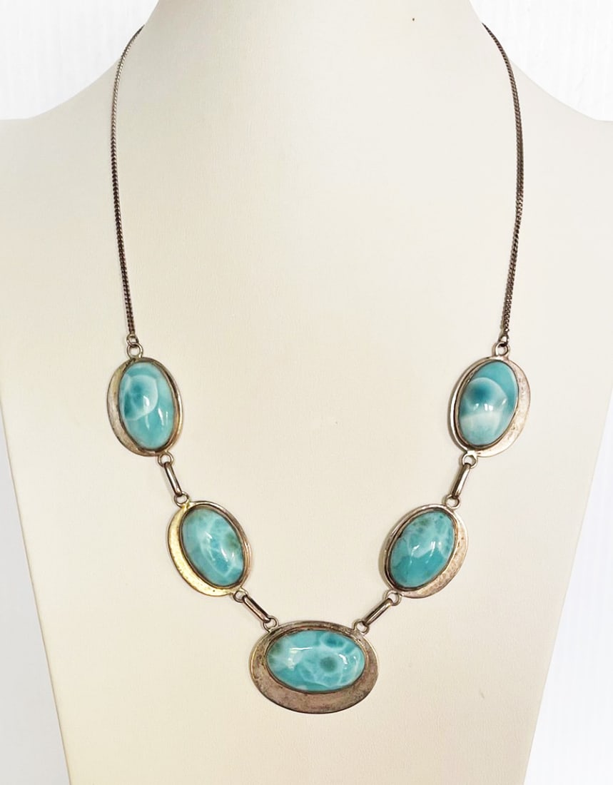 Sterling Silver and Larimar Necklace: Sterling silver and larimar curb necklace 20", stamped 925 Italy GMG, 42.5 grams total weight