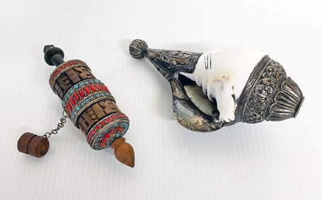 Tibetan Prayer Wheel and Silver Mounted Conch Shell