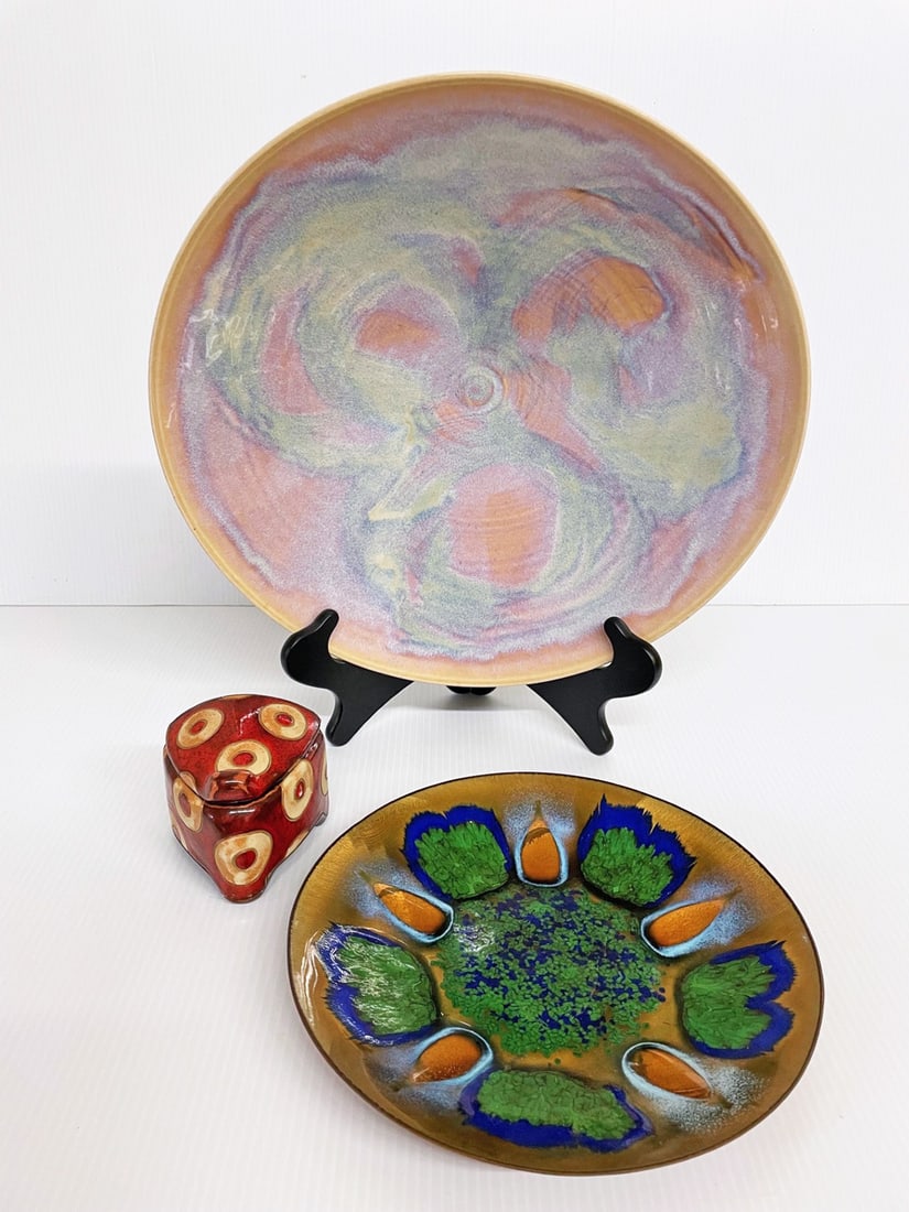 Studio Pottery Bowl and Box and Enamel on Copper Dish (1 of 2)