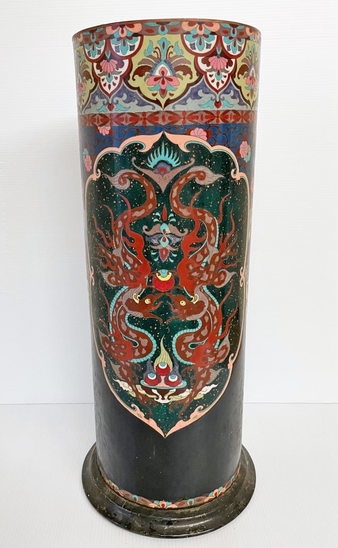 Japanese Cloisonne Umbrella Stand: Japanese cloisonne umbrella stand decorated with dragons, roosters, flowers and geometric designs, circa late 19th c., 24 3/4" (h) x 9"