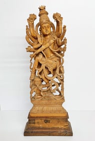 Hindu Carved Wood 15 Arm Deity Statue