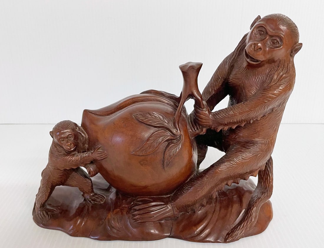 Chinese Boxwood Monkeys with Peach Figure: Chinese boxwood large and small monkeys holding a large peach figure, unmarked, circa late 19th c. to early 20th c., 8" (h) x 9" x 4 1/2"