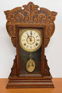 William L. Gilbert Clock Co. Shelf Clock: William L. Gilbert Clock Co. oak cased shelf clock, verso has original Capitol No. 43 Manufactured by William L. Gilbert Clock Co. label, paper dial with Roman numerals, 8 day time and strike movement