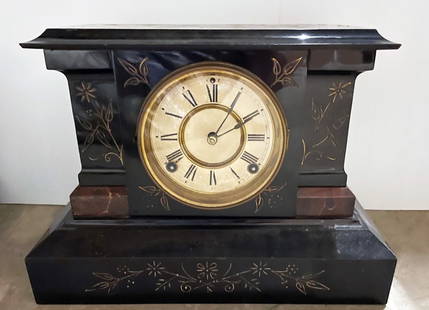 Antique Ansonia Clock Co. Mantle Clock: Antique Ansonia Clock Co. mantle clock, black painted metal case with incised floral designs and faux painted colored marble columns, original painted paper dial with Roman numerals, time and strike m