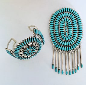 Zuni NM Sterling and Turquoise Cuff and Brooch/Pendant