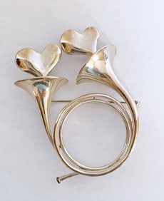 Movado Sterling Horns and Hearts Brooch