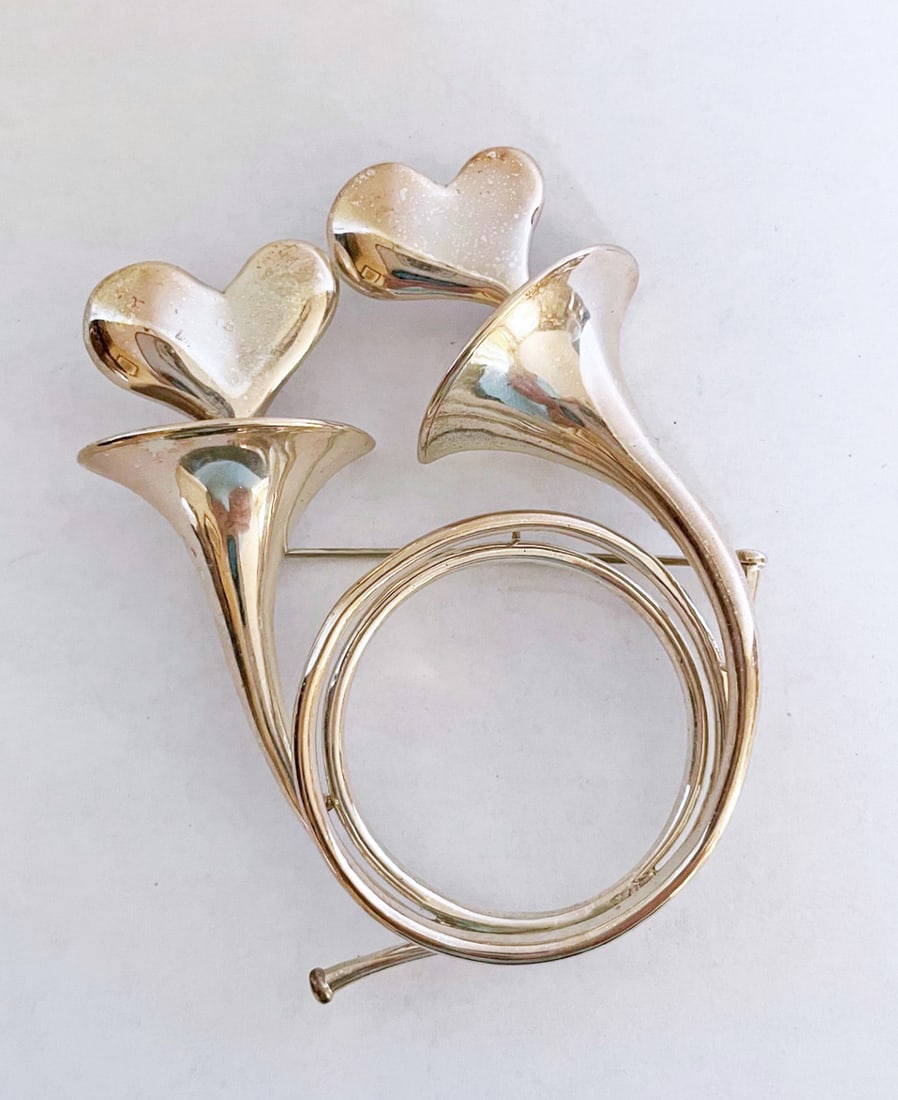 Movado Sterling Horns and Hearts Brooch: Movado sterling horns and hearts brooch, artist signed (unknown signature) and stamped Movado 925, 3" x 2 1/4", 37.0 grams