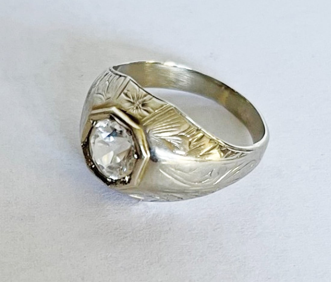 White Sapphire and 14K Gold Ring: White sapphire and 14K white gold ring, old European cut in white gold ring, unstamped, tests 14k, 4.9 grams, size 6 1/2
