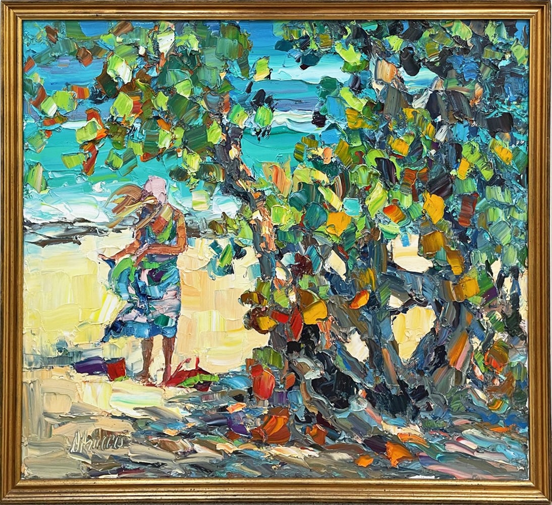 American School Oil on Canvas: American School oil on canvas, impasto painted female on beach with tree in foreground, signed lower left (illegible), sight size 42" x 44" , frame size 46" x 48"