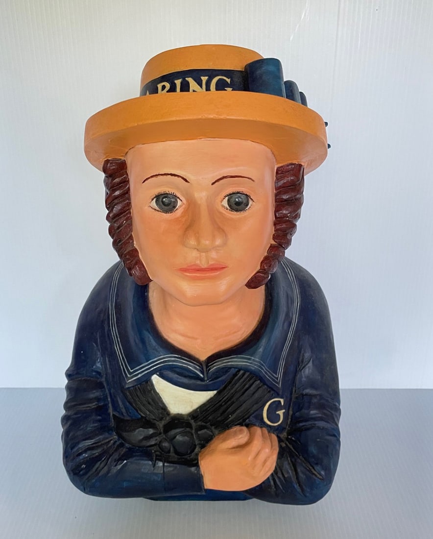 Folk Art Bust: Contemporary folk art bust of a sailor, hand crafted and painted, band on hat "HMS Daring" artist's cypher and 99 on bottom, 16" high x 10" x 8"