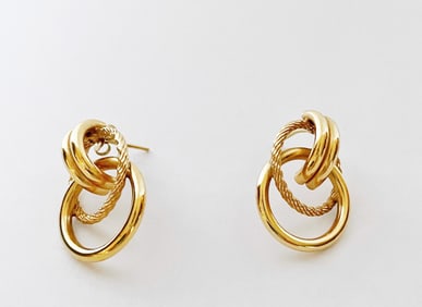 14k Gold Double Ring Drop Earrings