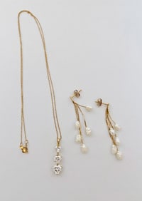 14k Gold C.Z. Heart Necklace and Freshwater Pearl Earrings