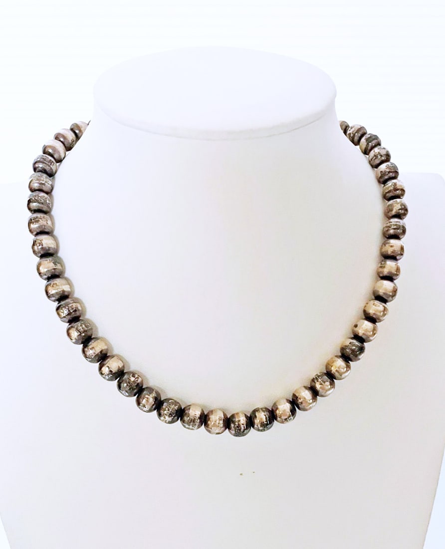 Mexican Sterling Silver Bead Necklace: Mexican sterling silver bead necklace, 8mm beads, 16 3/8" long, toggle clasp stamped 925 Mexico, weight 58 grams
