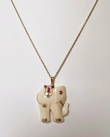 Vintage Jeweled 14k Gold Elephant Necklace