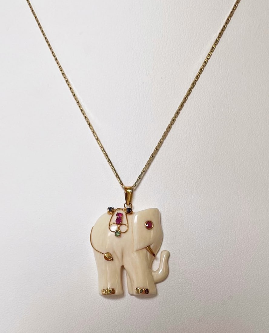 Vintage Jeweled 14k Gold Elephant Necklace (1 of 3)