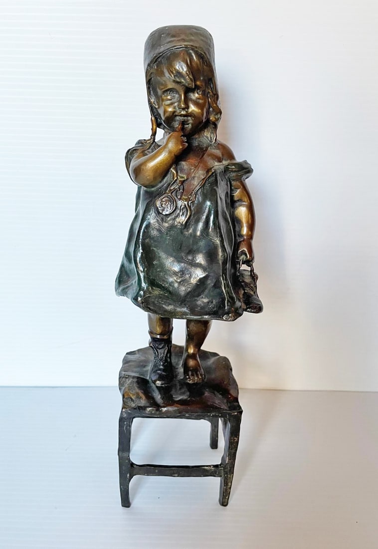 After Juan Clara Bronze Girl on Chair: After Juan Clara bronze girl on chair, 12" high, signed on top of stool
