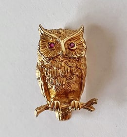 14k Gold Ruby Owl Brooch