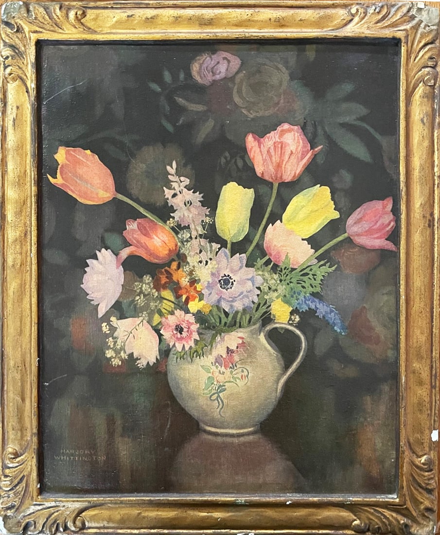 Marjory Whittington Oil on Chalk Panel: Marjory Whittington oil on chalk panel, "From A May Border 1799"