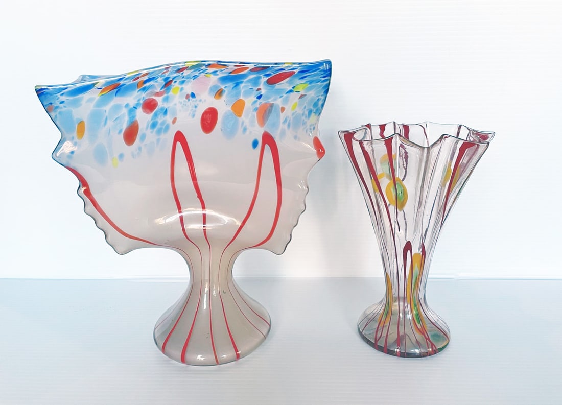 Two Art Glass Vases: Two art glass vases, as pictured, both with pontil marks on bottom, larger one 9 1/2" high x 8 1/2" x 4" has Czechoslovakia acid stamp on bottom, smaller vase 8" x 5" diameter