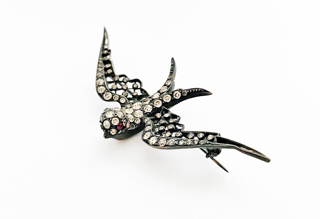 Edwardian Sterling Silver Paste Bird Pin: Edwardian sterling silver paste bird pin, swallow with outstretched wings, 2 7/8" across, stamped Sterling Registered, weight 12.5 grams