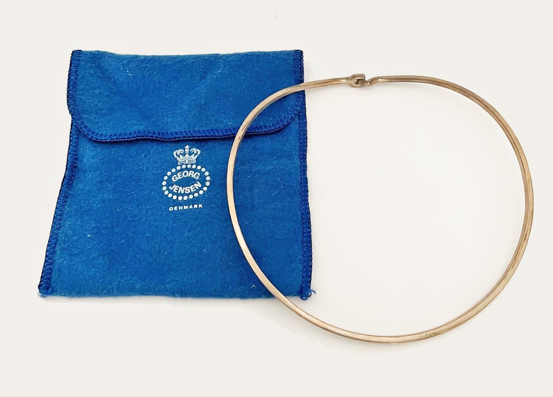 Georg Jensen Sterling Silver Collar Necklace: Georg Jensen sterling silver collar necklace, tapered round collar, 15 1/2" around, 2mm thick, stamped 925S Georg Jensen in impressed oval Denmark A1, weight 25 grams, includes George Jensen blue felt