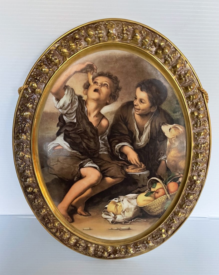 KPM Porcelain Plaque: KPM porcelain plaque depicting a reproduction of the painting "The Pie Eaters" by Murillo, impressed on back KPM and marked Gerold Porzellan Tettau Bavaria, Made in West Germany, 14 1/2" x 11 1/2", mi
