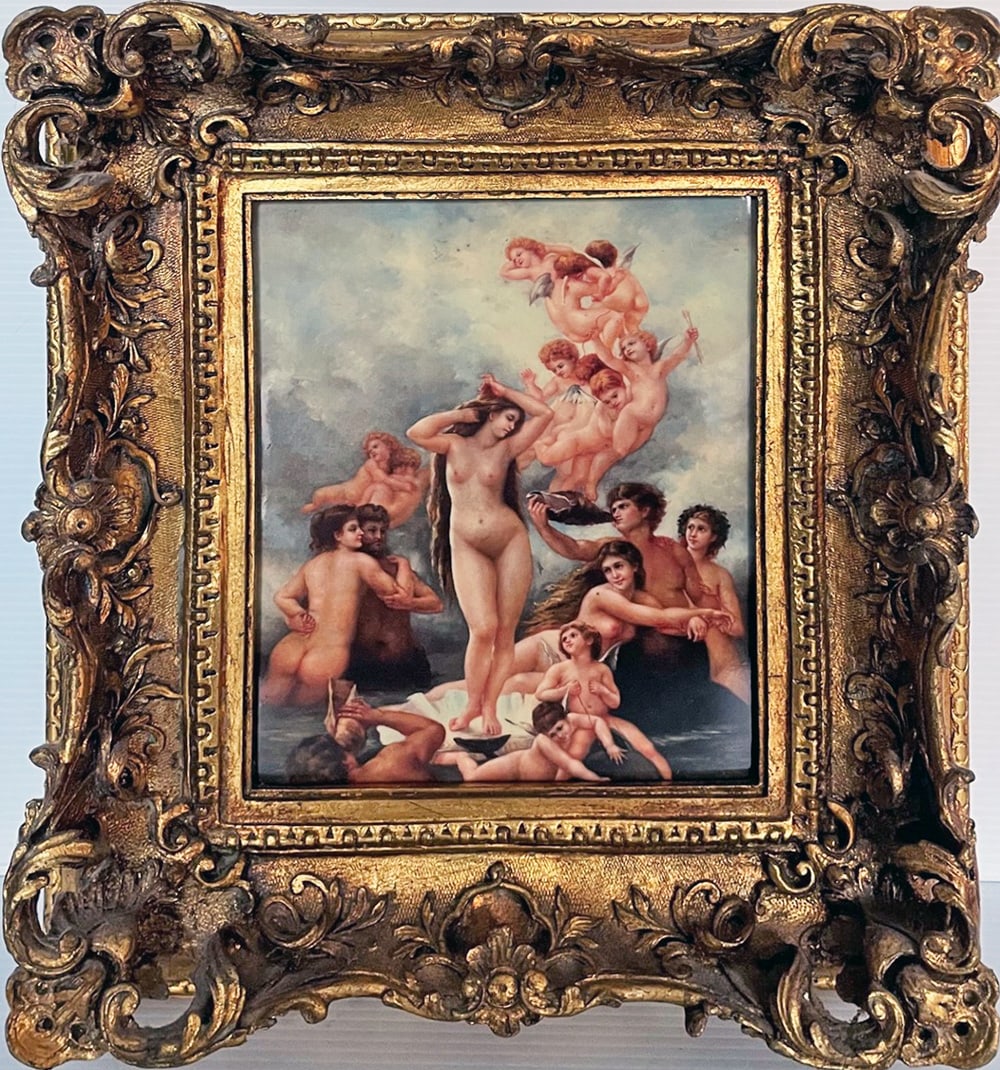 Porcelain Plaque The Birth of Venus: Porcelain plaque The Birth of Venus After Adolphe Bouguereau, sight size 9 1/2" x 7", frame size 15" x 12 1/2", late 20th to early 21st C.