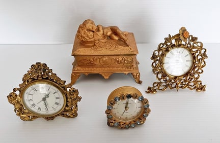 Three Dresser Clocks and a Jewelry Box