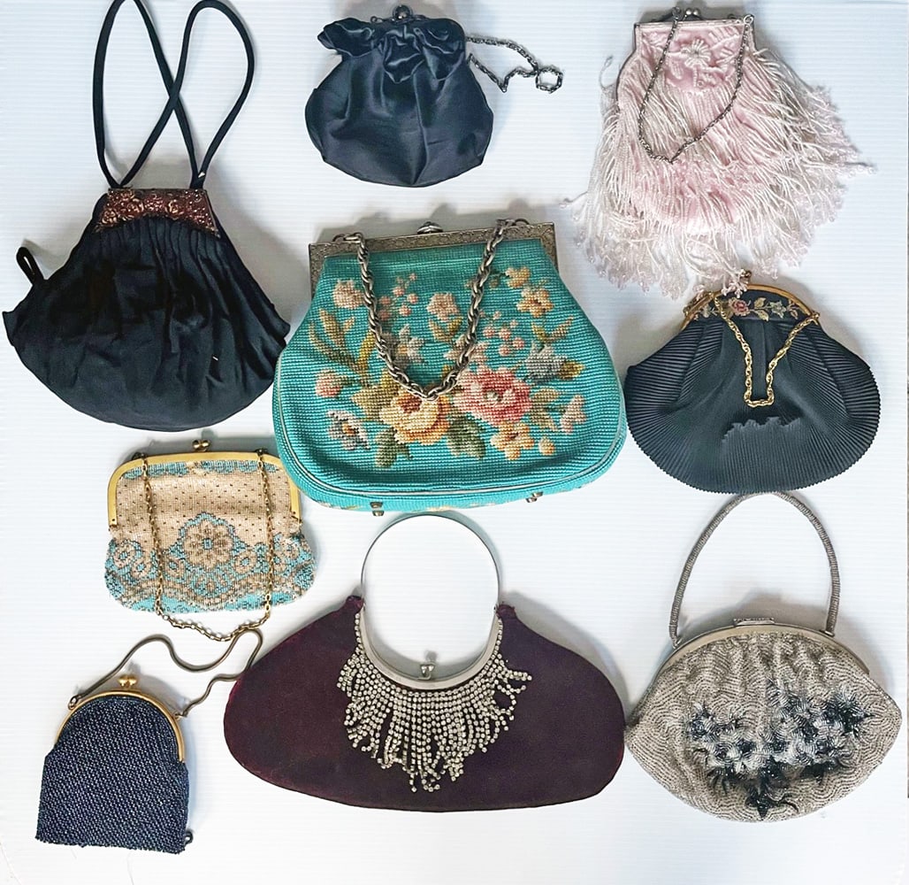 Collection of Vintage Handbags: Collection of vintage handbags, ten purses including petit-point, needle point, beaded, velvet with rhinestones, and satin, size ranges from 5" to 9", most are 1920's to 1940's, one contemporary