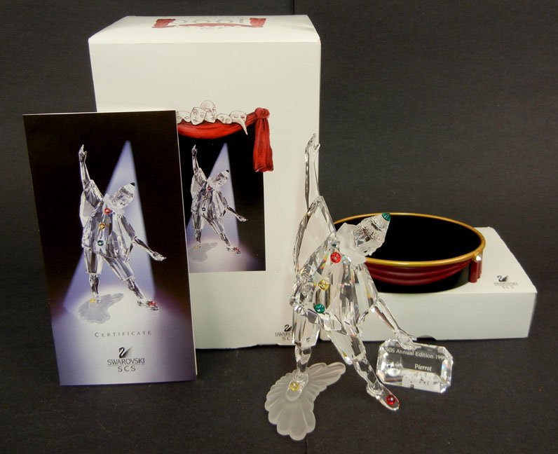 Swarovski crystal SCS Masquerade Pierrot, 1999 Annual E: Swarovski crystal SCS Masquerade Pierrot, 1999 Annual Edition, in original box, with COA, crystal name plaque, and stand in original box, 8" high