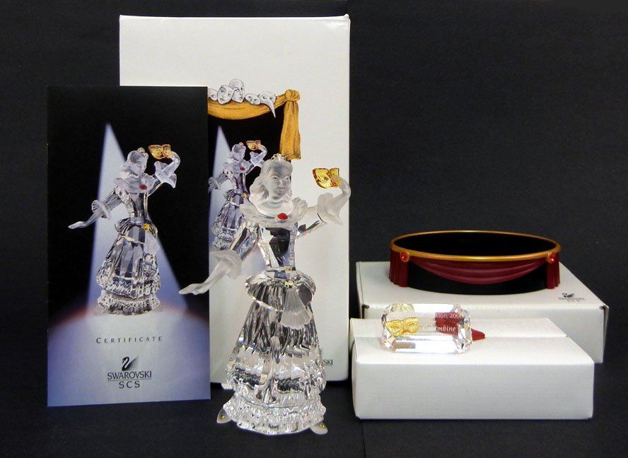 Swarovski crystal SCS Masquerade Columbine 2000 Annual : Swarovski crystal SCS Masquerade Columbine 2000 Annual Edition, in original box, with COA, crystal name plaque and stand, both in original boxes, 6 3/4" high