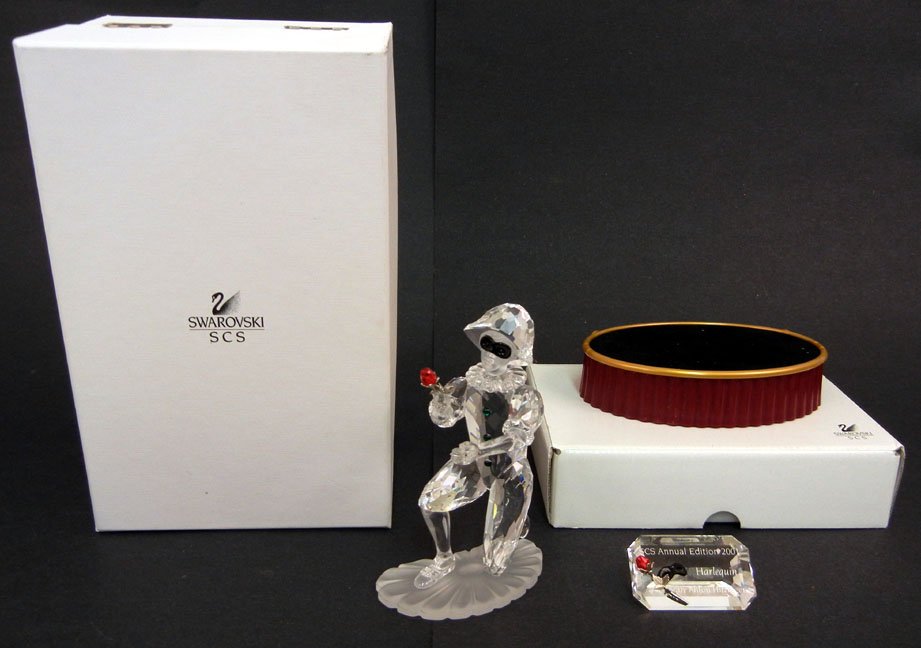 Swarovski crystal SCS Masquerade Harlequin 2001 Annual : Swarovski crystal SCS Masquerade Harlequin 2001 Annual Edition, in original box, with COA, crystal name plaque and stand in original box, 5 1/4" high