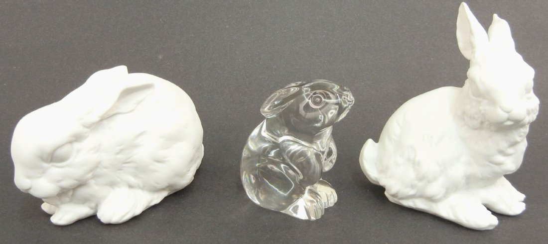 Baccarat Rabbit and two Kaiser rabbits, all marked on b: Baccarat Rabbit and two Kaiser rabbits, all marked on bottom, tallest measures 4 1/2" high